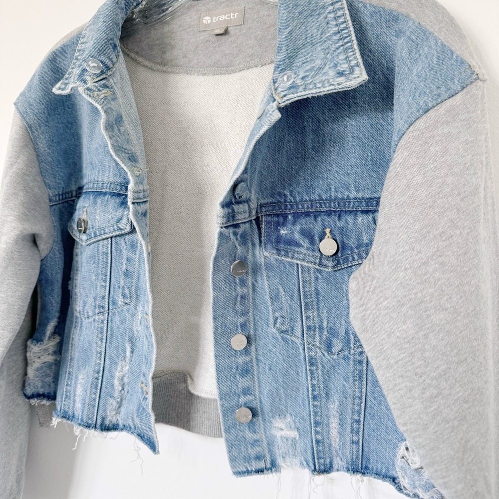 Girls Tractr Denim Jacket with Sweatshirt Sleeves X Large - Picture 3 of 4